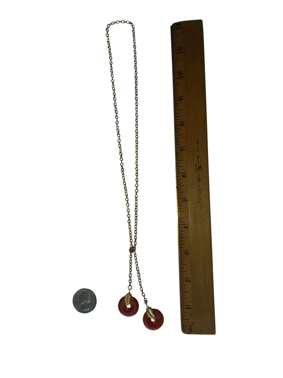 Lariat Necklace: Orange Carnelian Discs with Leaves on 24" Gold Colored Chain-4