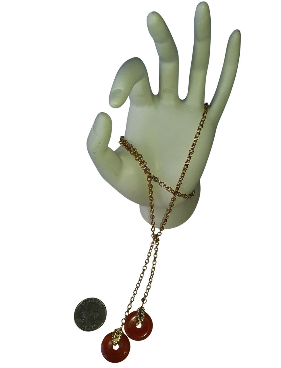 Lariat Necklace: Orange Carnelian Discs with Leaves on 24" Gold Colored Chain-0