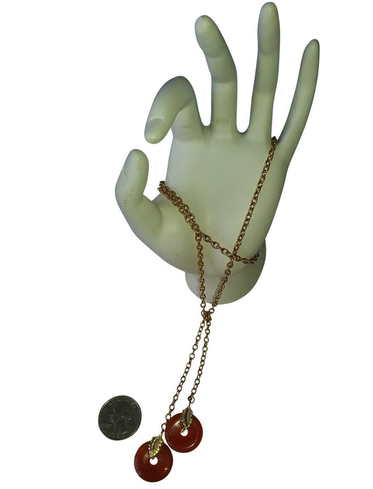 Lariat Necklace: Orange Carnelian Discs with Leaves on 24" Gold Colored Chain-0