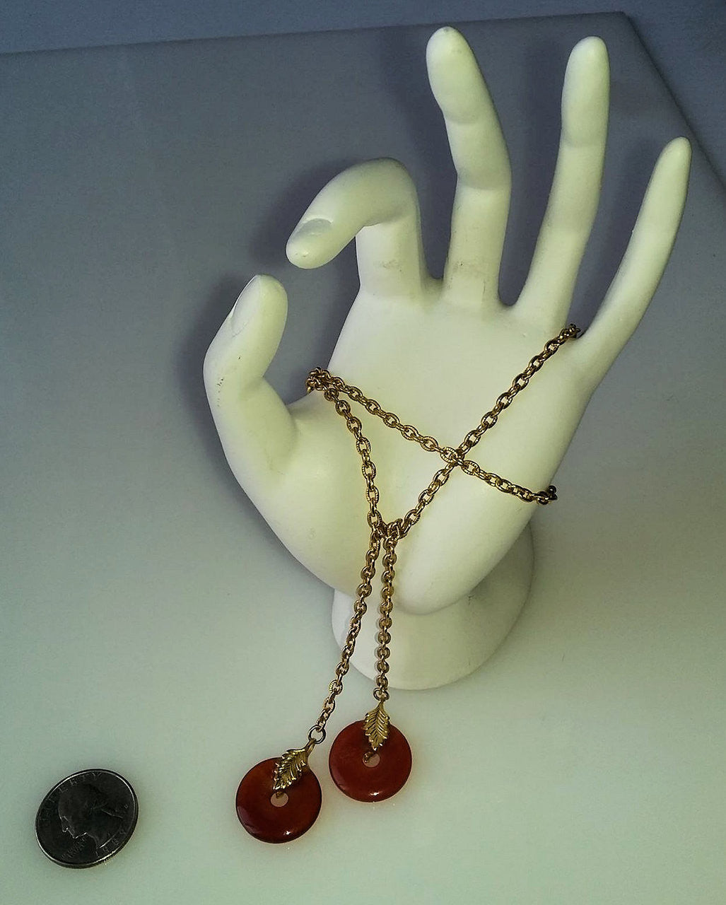 Lariat Necklace: Orange Carnelian Discs with Leaves on 24" Gold Colored Chain-3