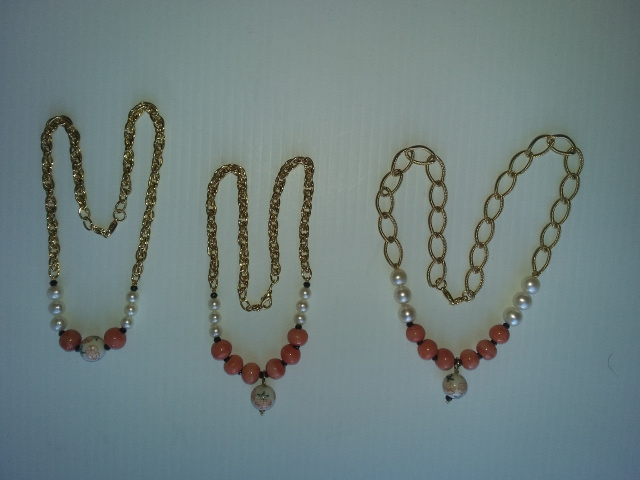 Double Happiness, Happy Marriage, Longevity, Coral Asian Glass Beads, Pearls on Bold Gold Chain Necklace: 18K Plate