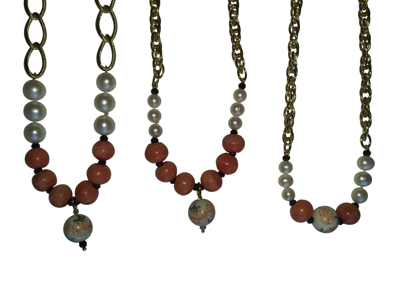 Double Happiness, Happy Marriage, Longevity, Coral Asian Glass Beads, Pearls on Bold Gold Chain Necklace: 18K Plate