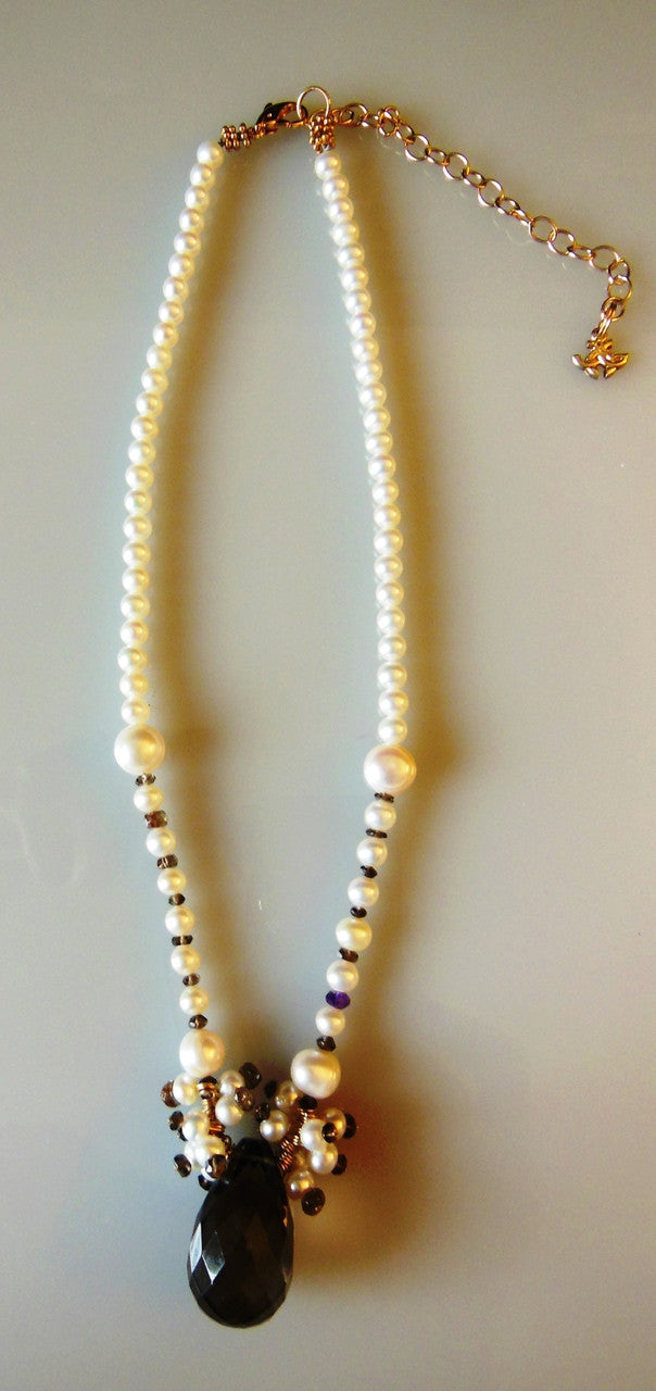 Smoky briolette with "stardust" clusters on pearls-1
