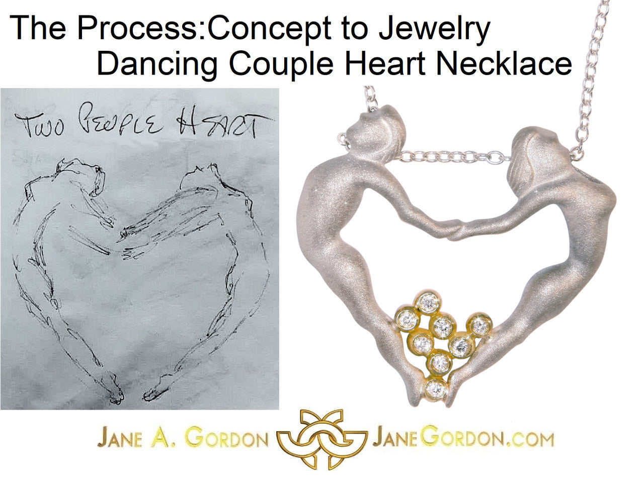 Dancing Couple Heart Necklace: Love is Everywhere. Diamonds in 18K Gold in Sterling Silver Heart-2
