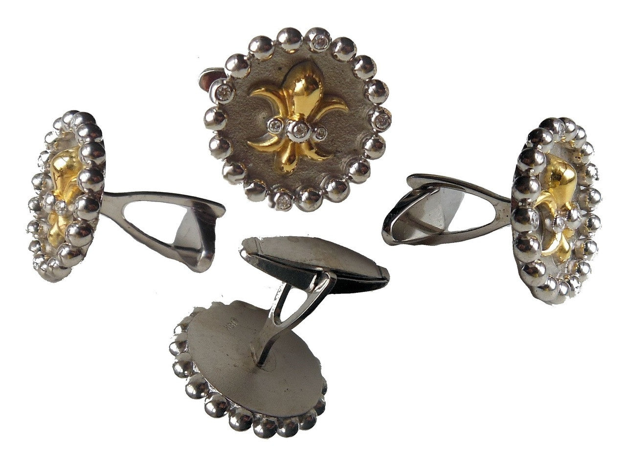 Fleur De Lis Cufflinks: Sterling Silver & 18K gold with Diamonds