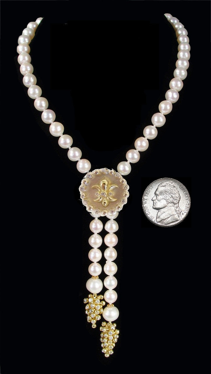 Fleur De Lis Pendant/Necklace or Pearl Enhancer-Silver, 18K Gold, Center Diamonds-18