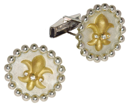 Fleur De Lis Cufflinks: Sterling Silver & 18K gold with Diamonds