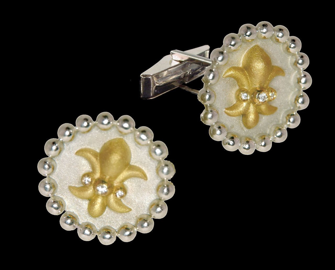 Fleur De Lis Cufflinks: Sterling Silver & 18K gold with Diamonds