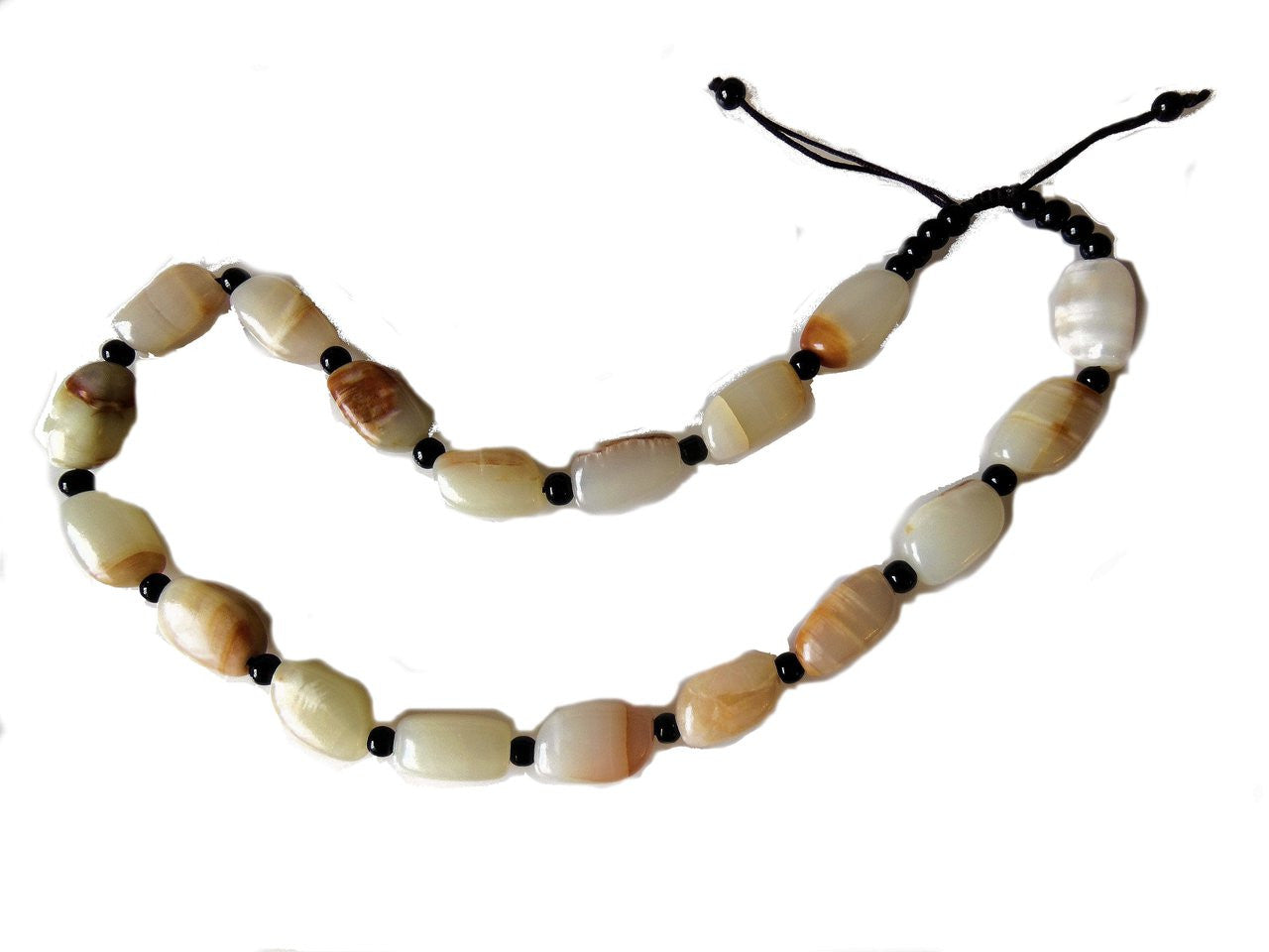 Jade beaded necklace from China.  Black and cream with shades of bronze.-0