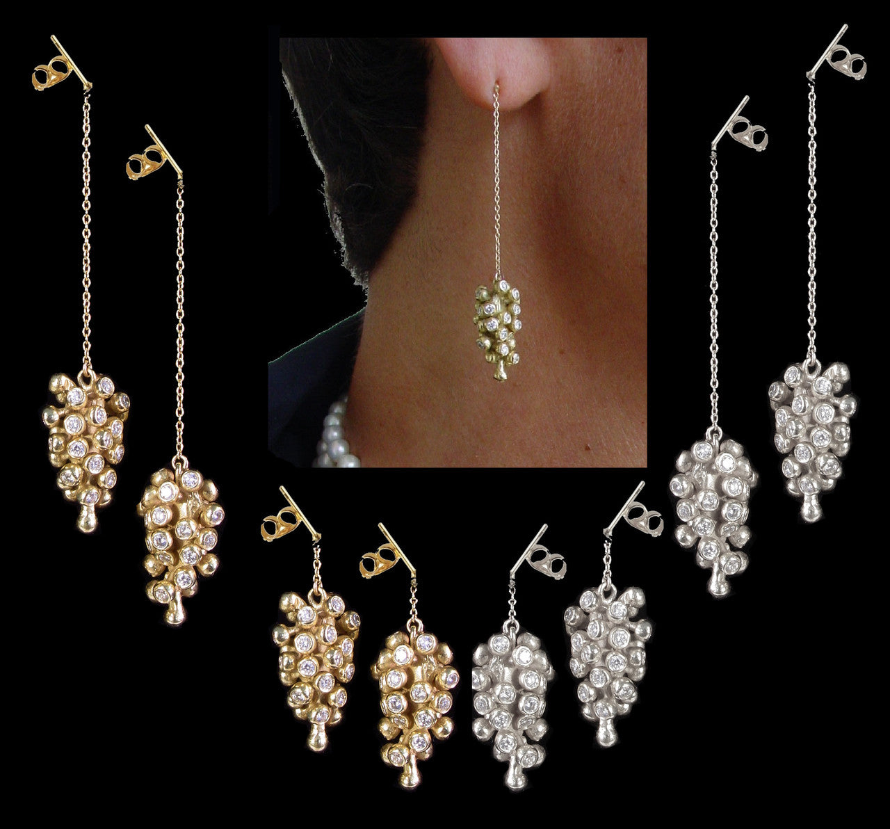Grapes Drop Earrings: Sterling Silver with Diamonds and Plate Options-4