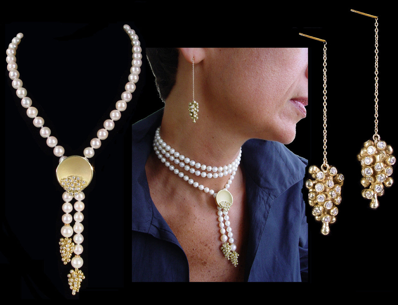 Grapes Drop Earrings: Sterling Silver with Diamonds and Plate Options-3