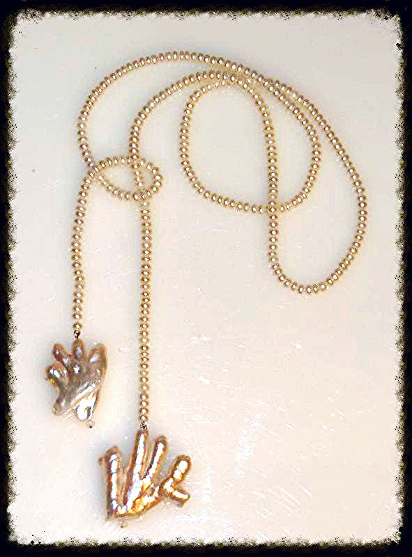 High Five- Two hand shaped pearls on button pearl lariat
