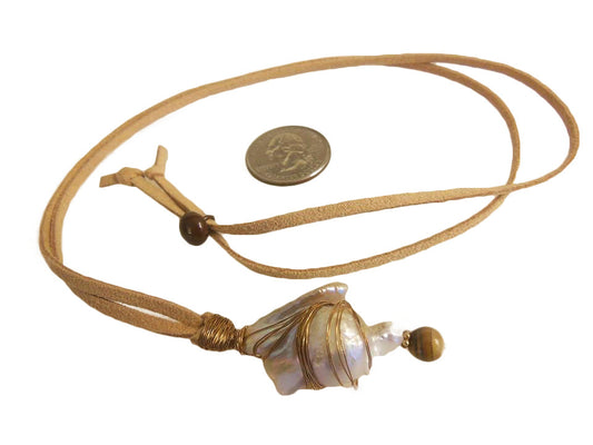 Throwaway Elegance and a Little Bit of WOW!!!  Jumbo Pearl-09 on Tan Suede Cord with Tiger's Eye-0