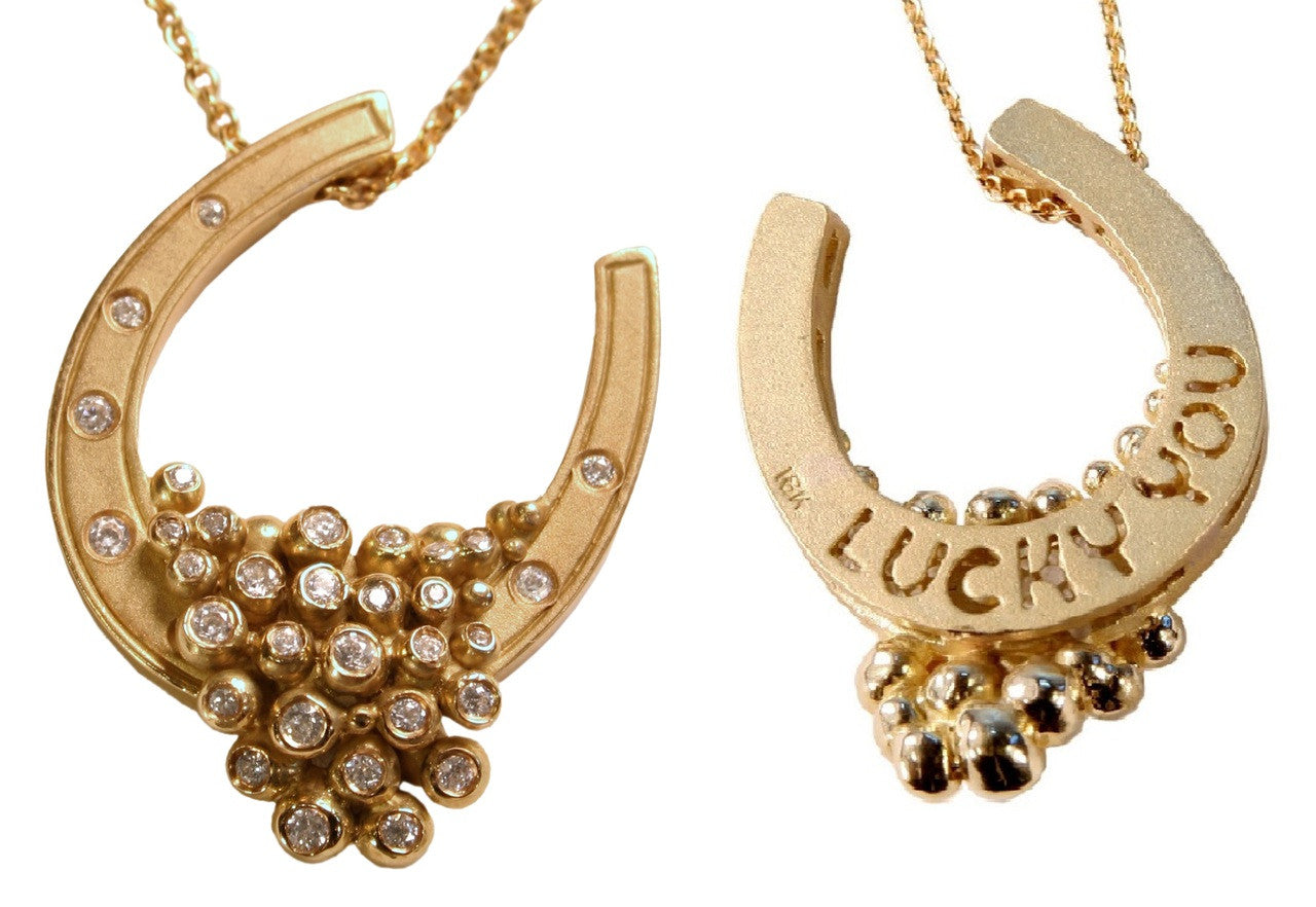 "Lucky You" Equestrian Horseshoe Necklace, 18K Gold, Overflowing with Diamonds.-3