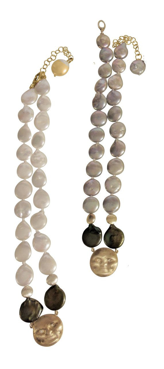 14K Face, Diamond Eyes on rainbow blackish & golden coin pearl necklace : small-0