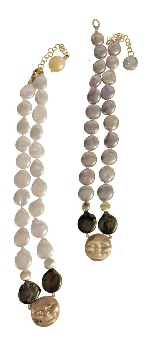 14K Face, Diamond Eyes on rainbow blackish & golden coin pearl necklace : small-0