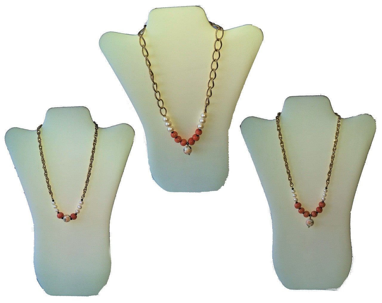 Double Happiness, Happy Marriage, Longevity, Coral Asian Glass Beads, Pearls on Bold Gold Chain Necklace: 18K Plate