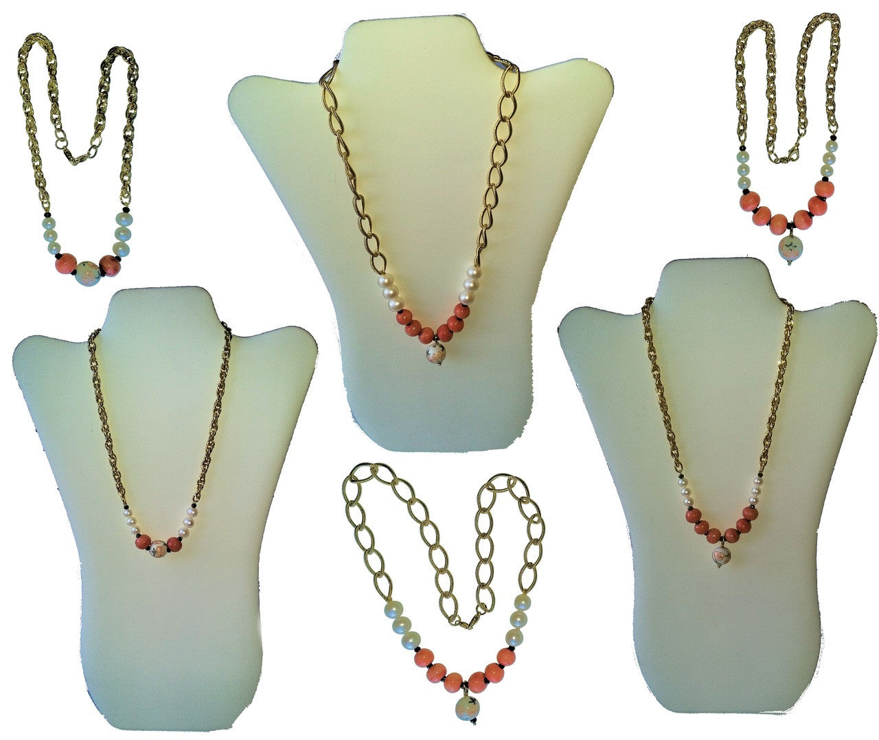 Double Happiness, Happy Marriage, Longevity, Coral Asian Glass Beads, Pearls on Bold Gold Chain Necklace: 18K Plate