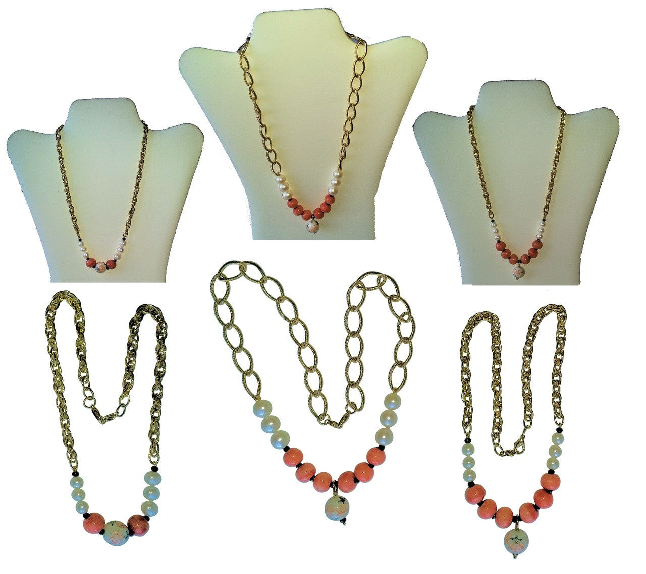 Double Happiness, Happy Marriage, Longevity, Coral Asian Glass Beads, Pearls on Bold Gold Chain Necklace: 18K Plate