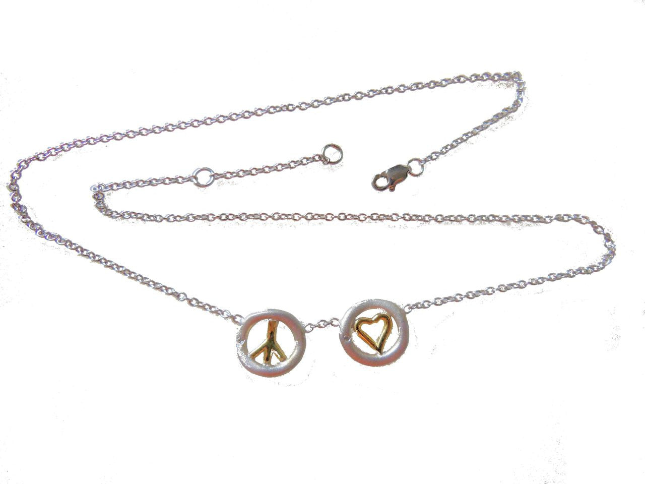Peace and Love necklace 18k gold, sterling, tiny diamonds on silver chain-3