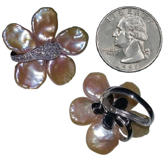 Fabulously Fun Sparkle Center Petal Pearl Flower Ring: Chinese Freshwater Pearls, Sterling Silver-0