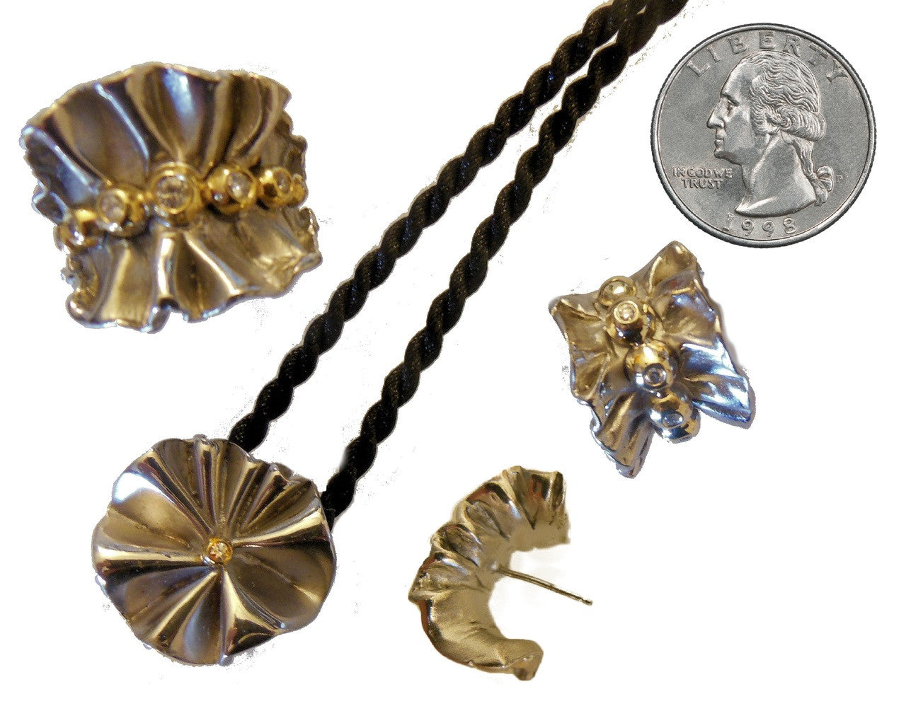 Ruffle Pendant: Single Diamond in 18K Gold Dot Set in Sterling Silver-10