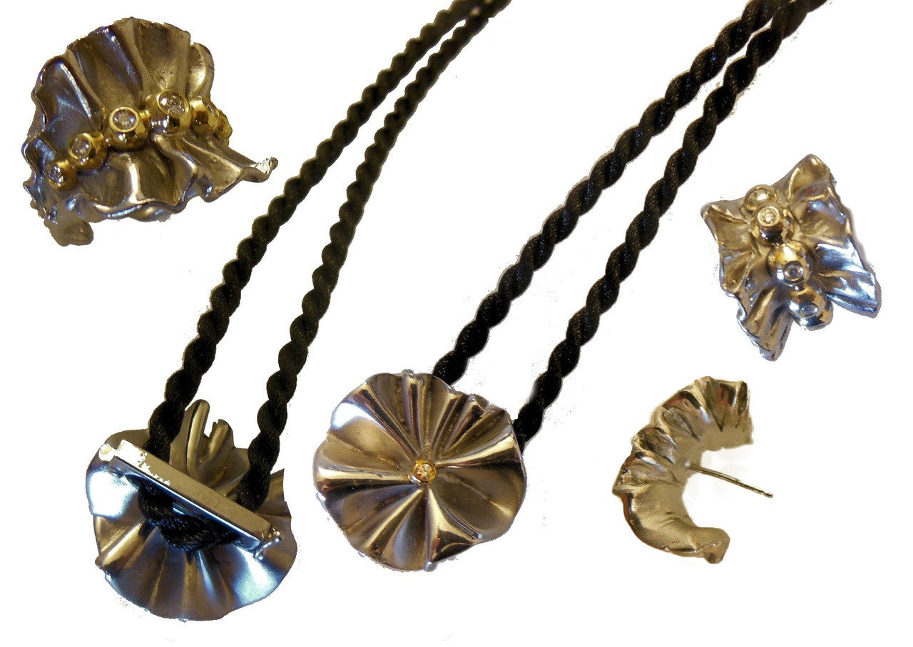Ruffle Pendant: Single Diamond in 18K Gold Dot Set in Sterling Silver-25