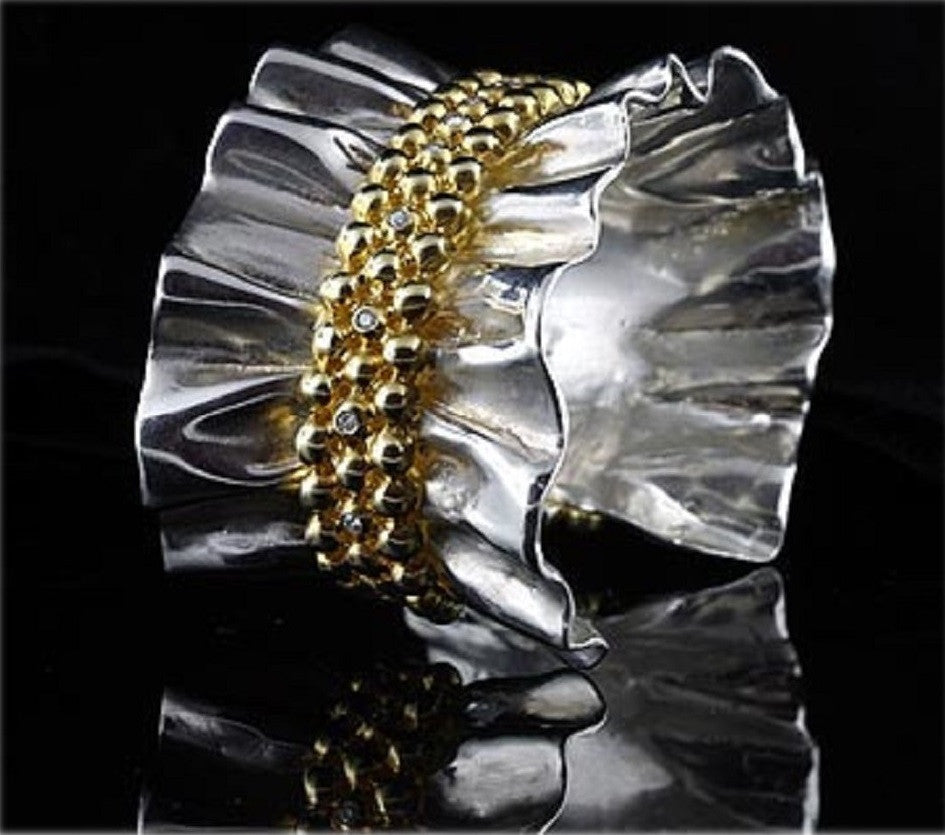 Ruffle Pendant: Single Diamond in 18K Gold Dot Set in Sterling Silver-17