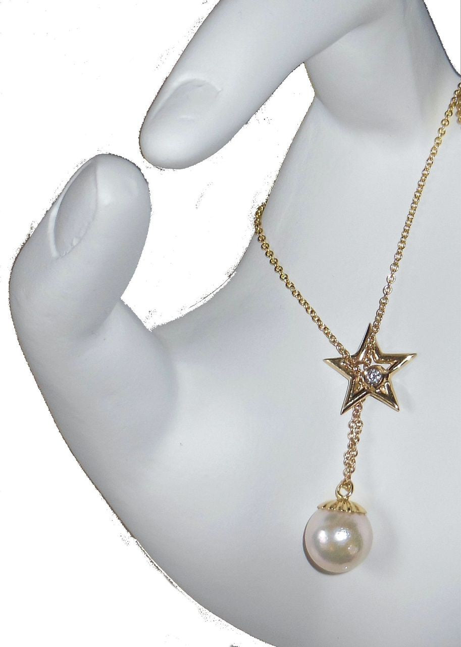 Delicate Star, Diamond & Akoya Pearl necklace in 18K Gold-0
