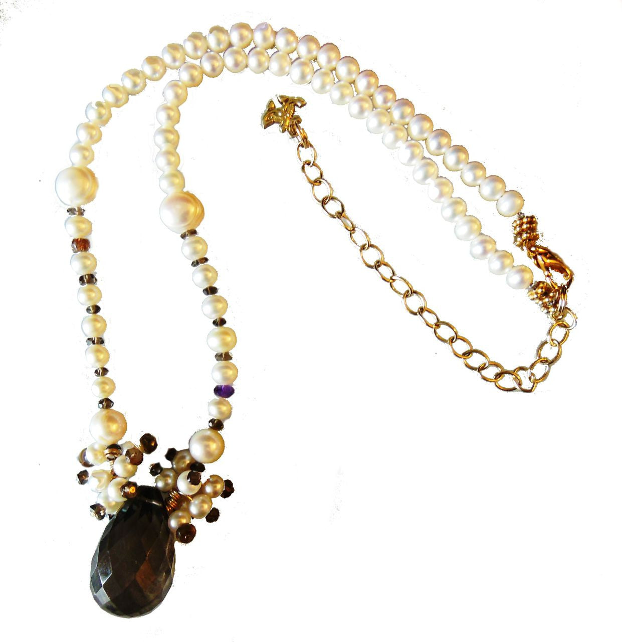 Smoky briolette with "stardust" clusters on pearls-2