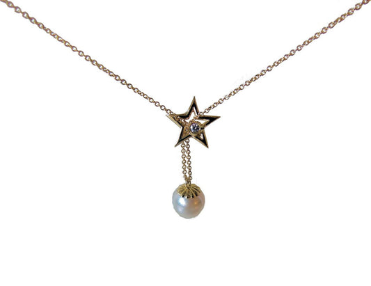 Delicate Star, Diamond & Akoya Pearl necklace in 18K Gold-6