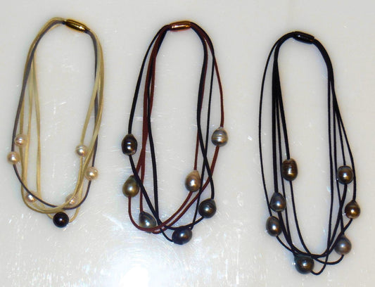 Tahitian & Freshwater Multi-Strand Pearl Necklace: Tan and Taupe Suede Cords. Elegant Magnetic Clasp from Barcelona-10