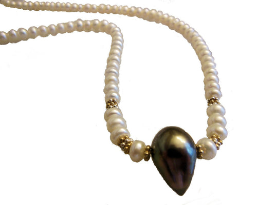 Tahitian Pearl necklace-  Side drilled teardrop baroque on Chinese button pearls.-0