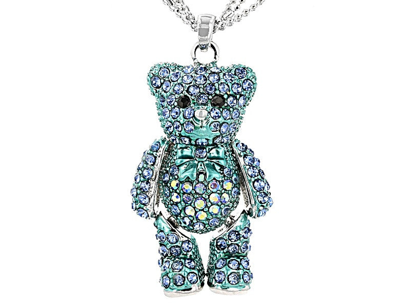 Sparkle, Wiggly, Teddy Bear Pendant/Necklace in Blue Crystals & Moving Arms & Legs