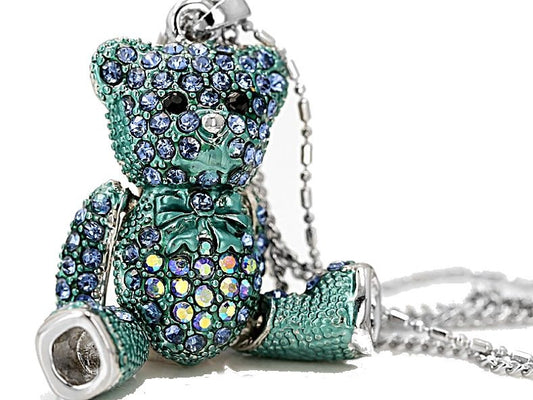 Sparkle, Wiggly, Teddy Bear Pendant/Necklace in Blue Crystals & Moving Arms & Legs