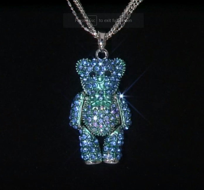 Sparkle, Wiggly, Teddy Bear Pendant/Necklace in Blue Crystals & Moving Arms & Legs