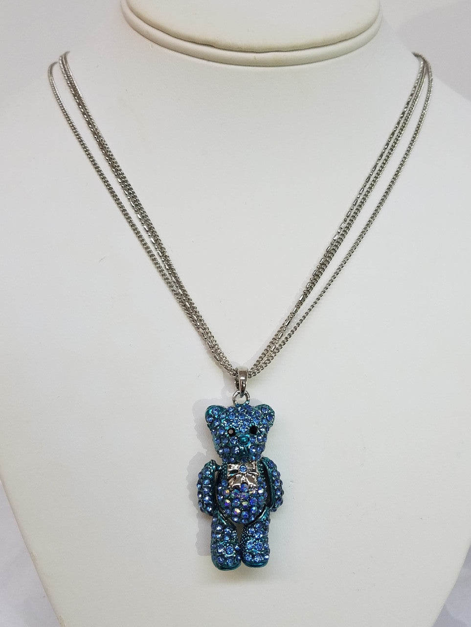 Sparkle, Wiggly, Teddy Bear Pendant/Necklace in Blue Crystals & Moving Arms & Legs