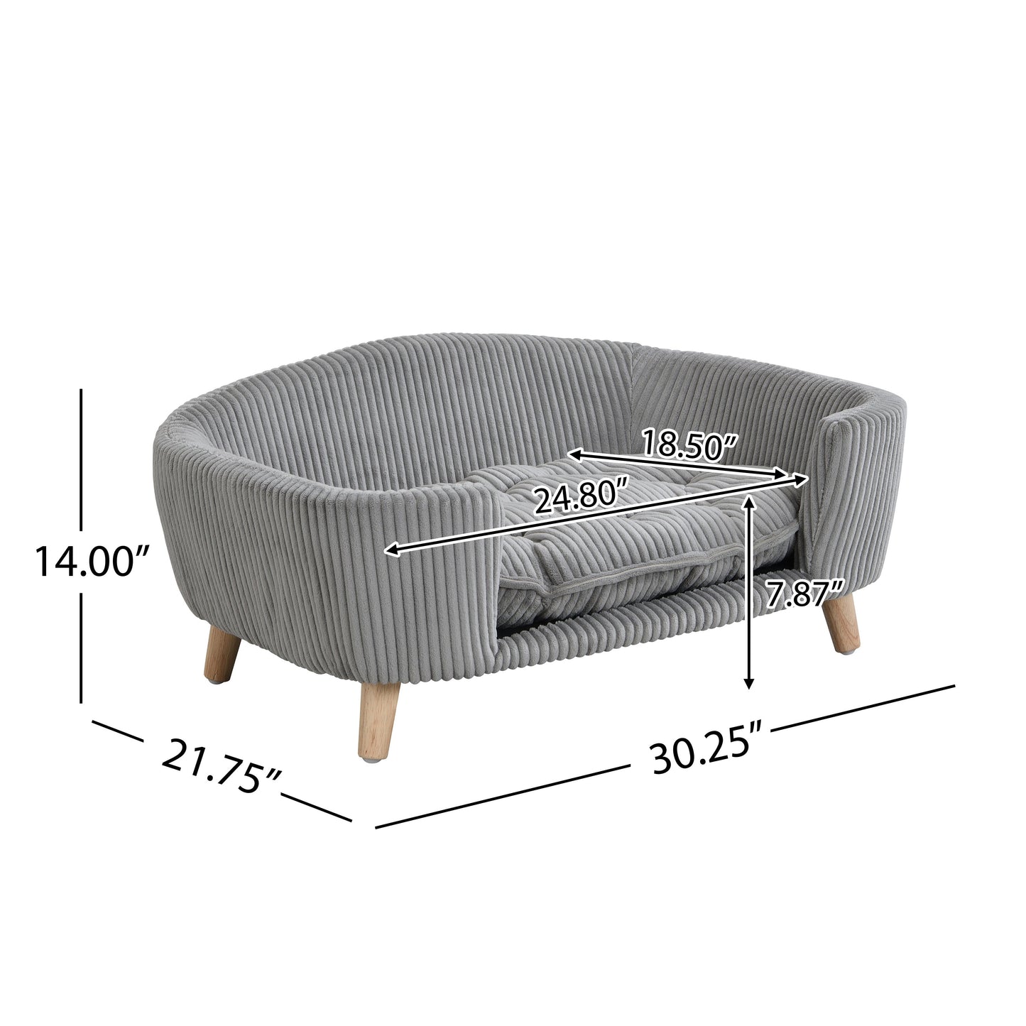 Elevated Dog Bed Frame for Small Dog, Corduroy Pet Couch Bed with Rubber Wood Legs and Supportive Foam, Gray, Easy Assembly