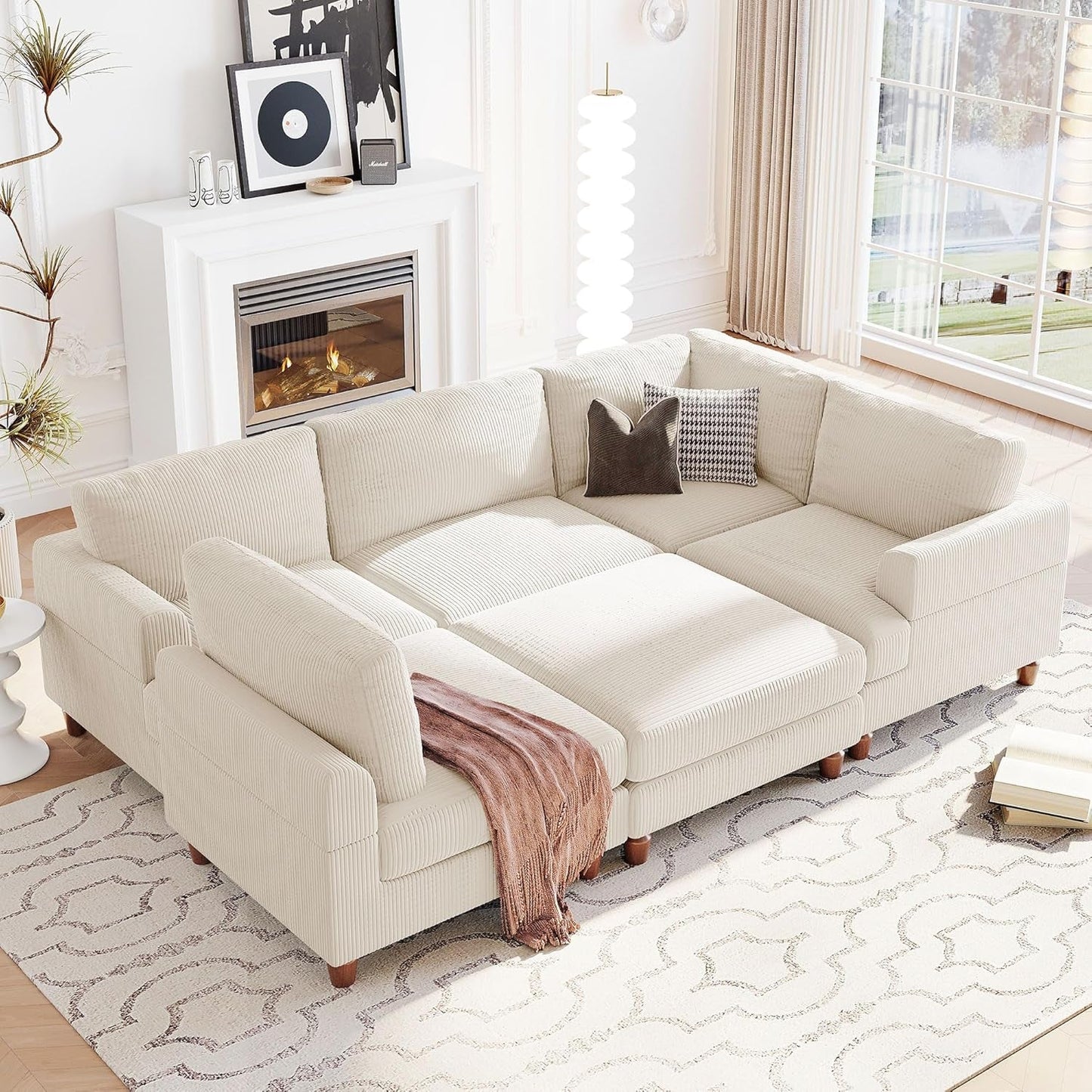 Large Sectional Sofa Couch with Ottoman for Living Room, L Shaped Corduroy Fabric Sofa Couch, 98" L Modular Corner Sectional Sofa for Spacious Space Office, Beige