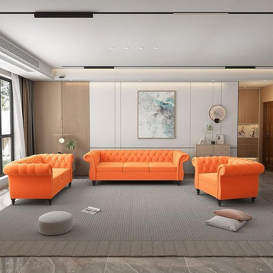 3-Piece Living Room Sectional Sofa Set, Upholstered Sofa Modern Sofa Couches Set Style Button Tufted, Velvet Chesterfield Sofa for Living Room Apartment, 1+2+3 Seat Orange