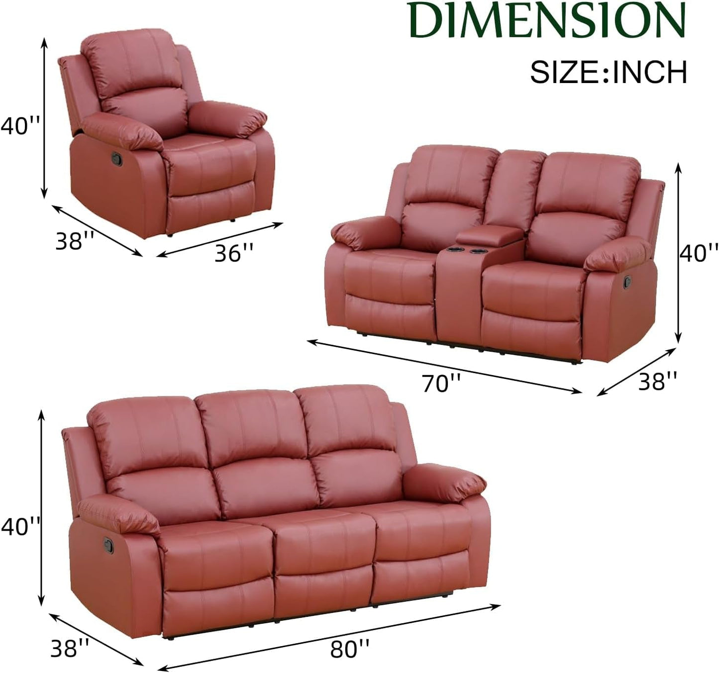 Leather Recliner Sofa Set，Leather Reclining Sofa Set for Living Room Furniture Sets，Red Recliner Couch Set for Living Room/Office/Theater Seating(Sofa Set 3 Pieces)