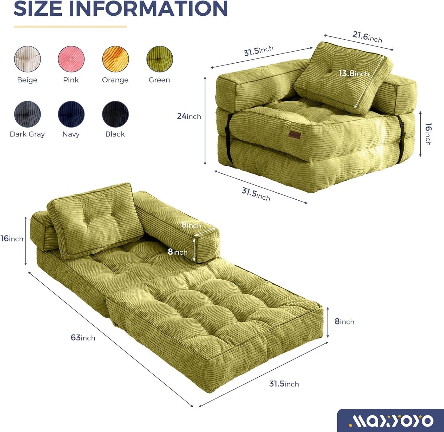 Folding Sofa Bed, L-Shaped Convertible Sofa Bed with Armrest Foldable Sleeper Sofa with Pillow, Portable Fold Out Chair Bed Comfy Floor Sofa Lounge for Living Room Bedroom, Green