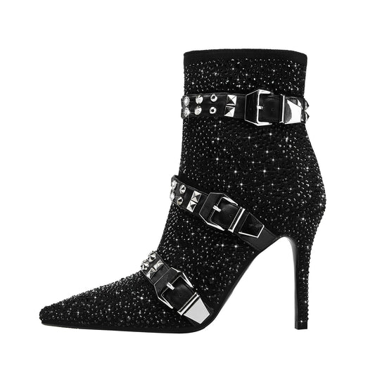 Black Rhinestone Ankle Boots with Silver Buckles