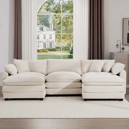 Oversized Modular Cushion Sofa with Ottomans, Comfy Upholstered U-Shaped Convertible Corner Sectional Sofa, Light Beige Corduroy