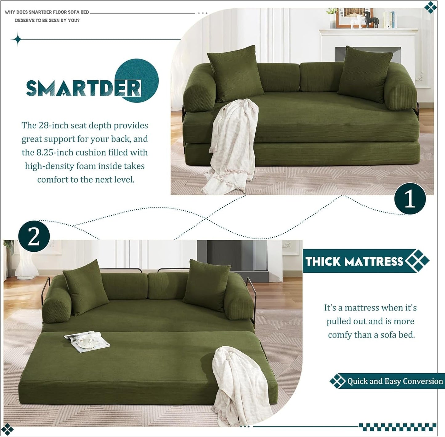 Convertible Folding Sofa Bed with Removable Backrest