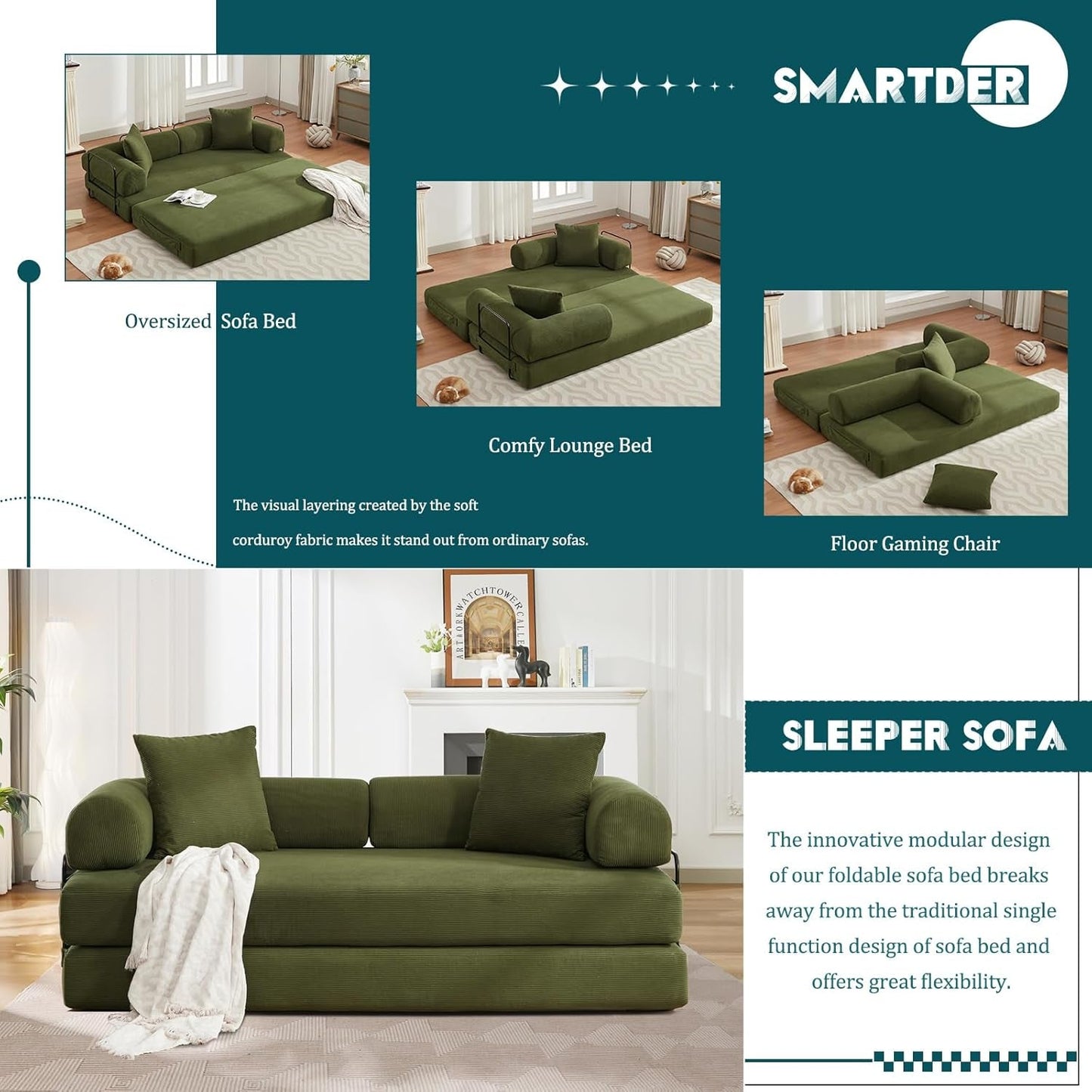 Convertible Folding Sofa Bed with Removable Backrest