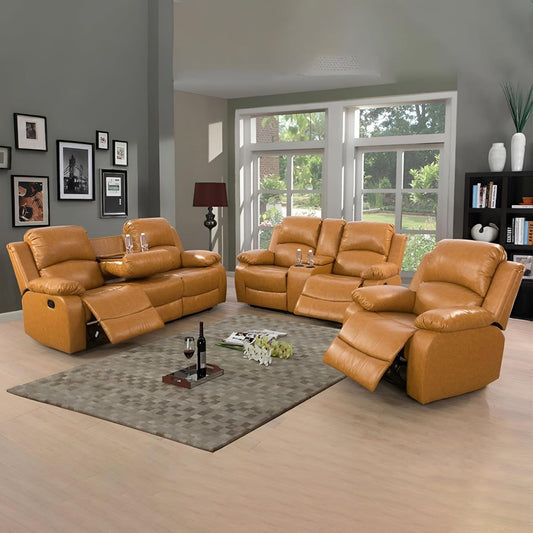 Leather Recliner Sofa Set，Leather Reclining Sofa Set for Living Room Furniture Sets，Ginger Recliner Couch Set for Living Room/Office/Theater Seating(Sofa Set 3 Pieces)