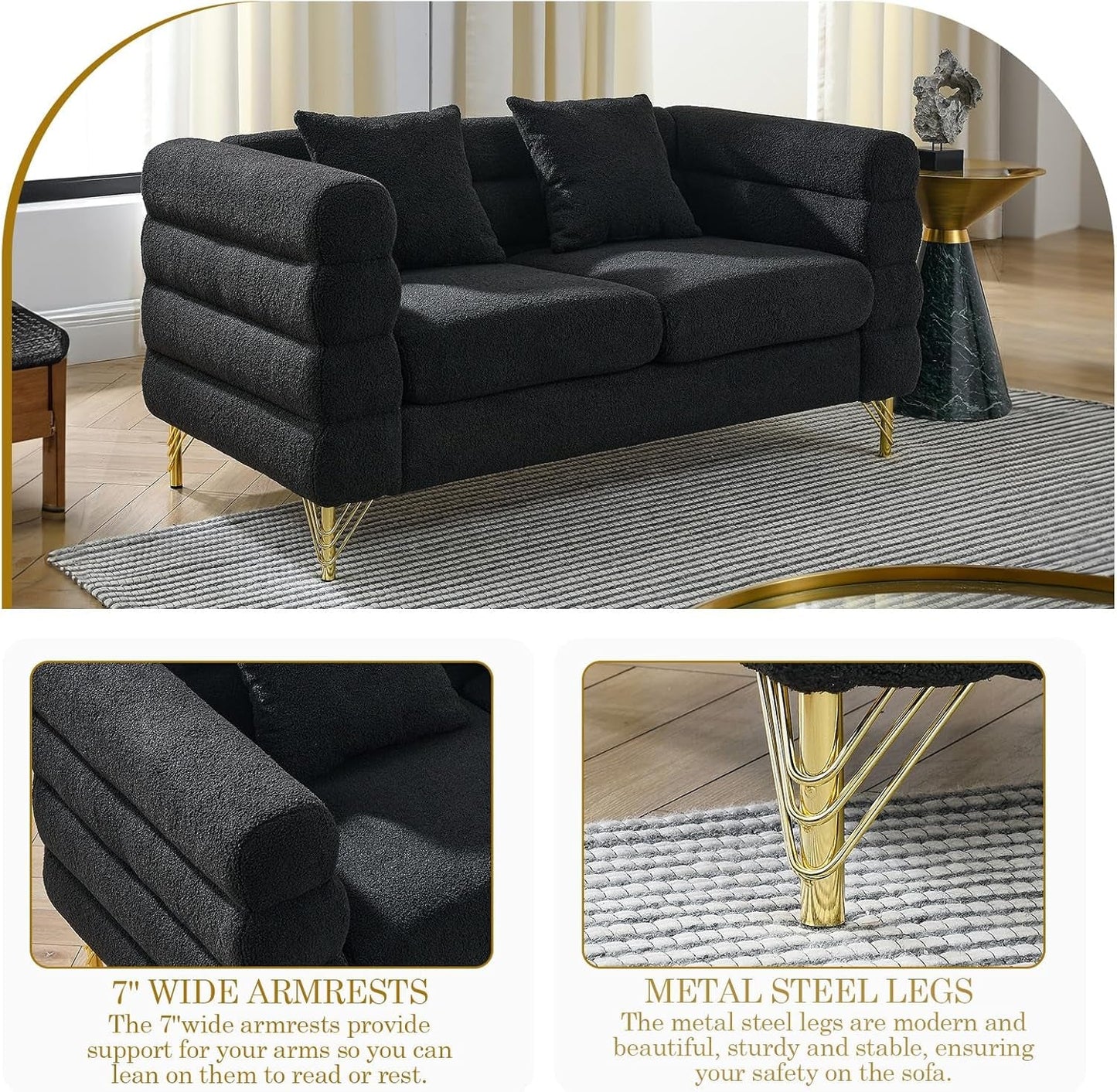 Sofa, 2 Pieces Sofa Set,Oversize 2/3 Seater Extra Deep Seat Sofa,Modern Upholstered Futon Sofa Couch, Comfy Teddy Bouclé Cloud Sofa,Furniture for Living Room,Bedroom,Office,Apartment(Black)