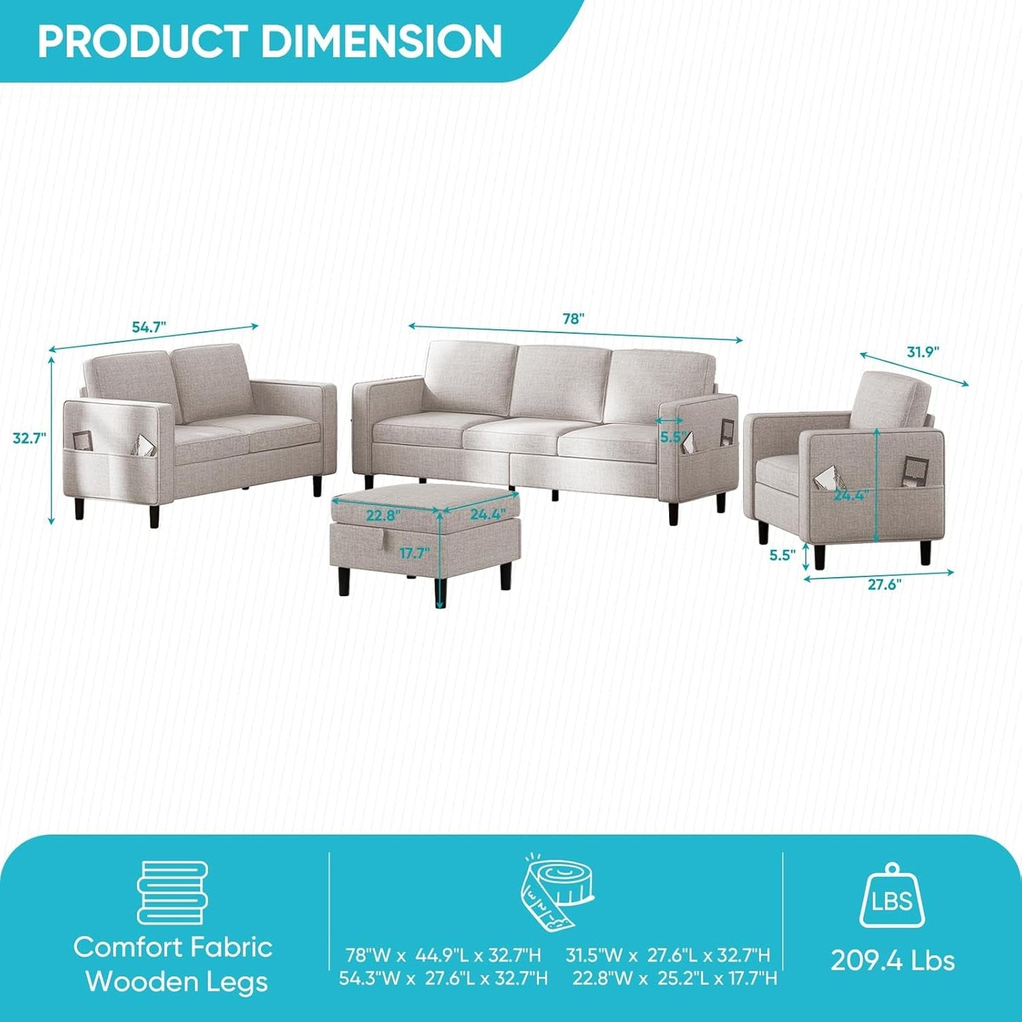 6 Seaters Sectional Upholstered Sofa, Linen Fabric Sofa Couch with Side Pockets, Free Combination Sofa Set with Movable Storage Ottoman, for Living Room-Sofa&Loveseat&Chair&Ottoman,Beige