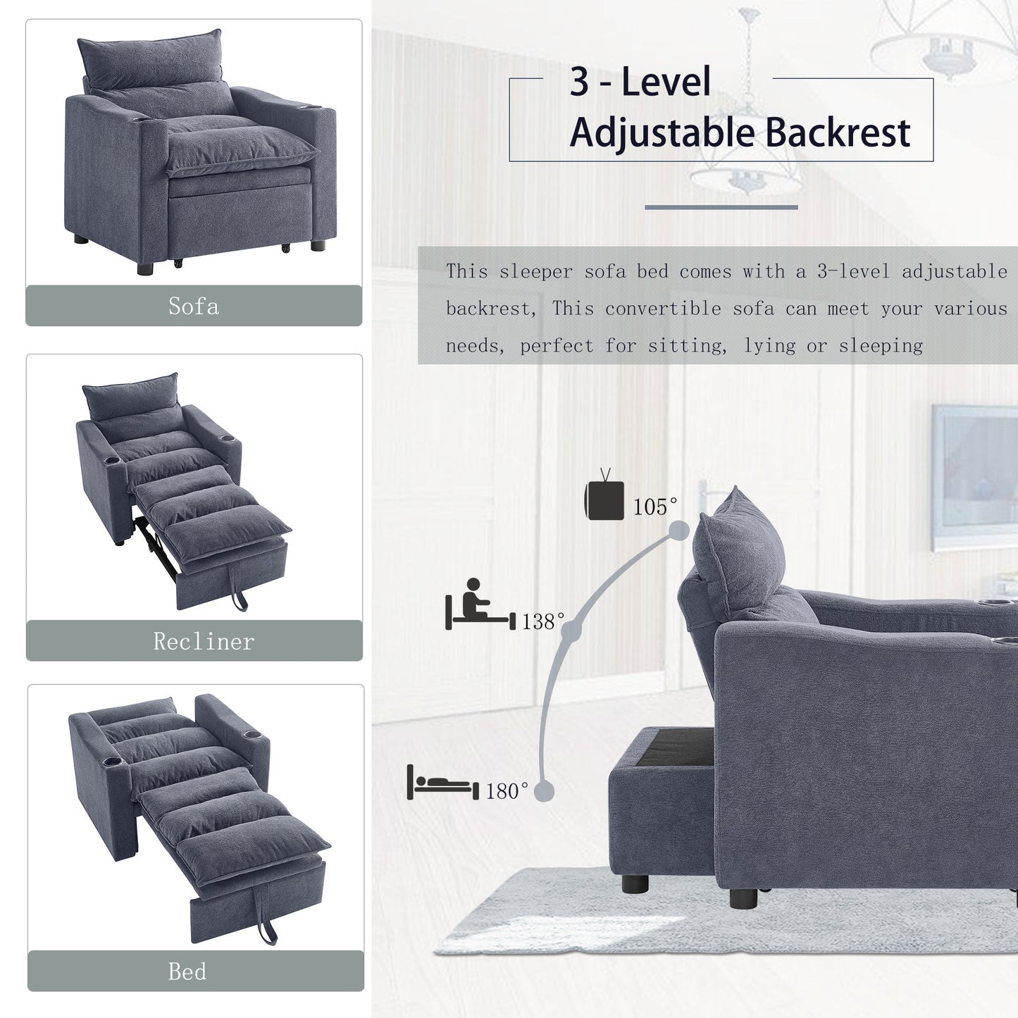 Sleeper Sofa Chair Bed, Convertible Sofa Chair 3-in-1, Adjustable Sleeper Chair Pullout Sofa Bed with Modern Velvet Fabric for Living Room Apartment Small Space, Grey